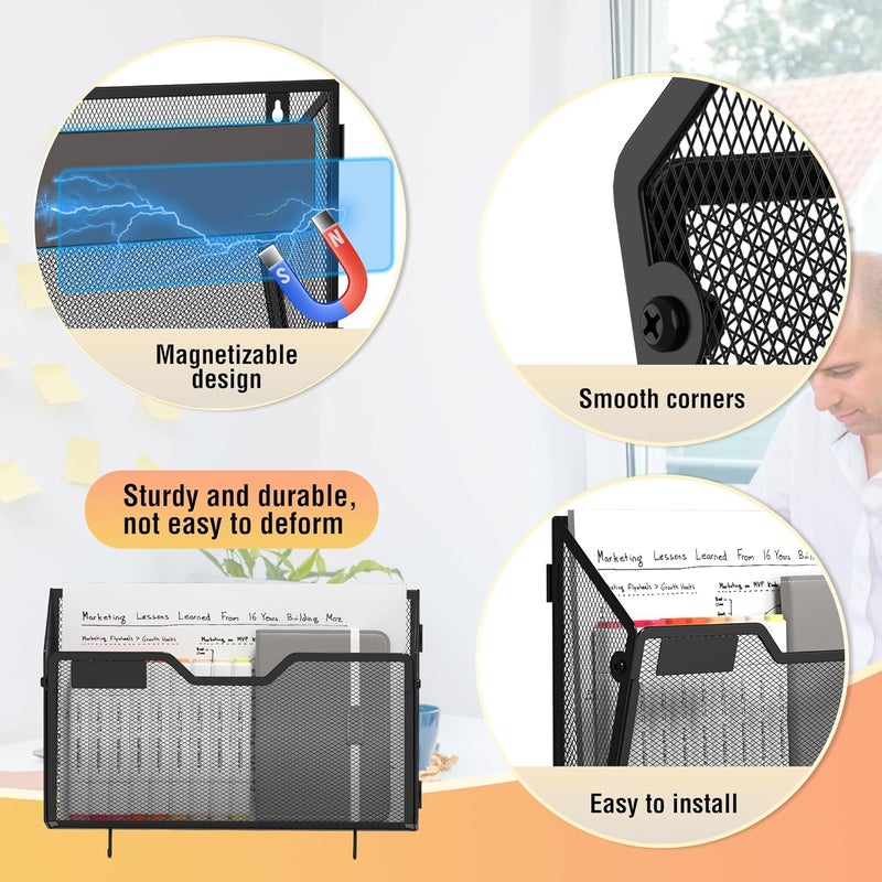 Docnest 3 Pack Magnetic Wall Mounted File Holders,Mesh Letter Organizer with Hooks, Magnetic Hanging Mail Paper Document Organizer for Office, Home, School, Black - Image 3